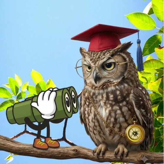 Cartoon image of a binocular looking at an owl who is looking down at the binoculars. The owl is wearing a red graduation cap and gold chain with a compass at the end.