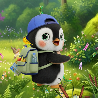 Image of young penguin wearing a blue hat backward and carrying a backpack with birds pecking at it.