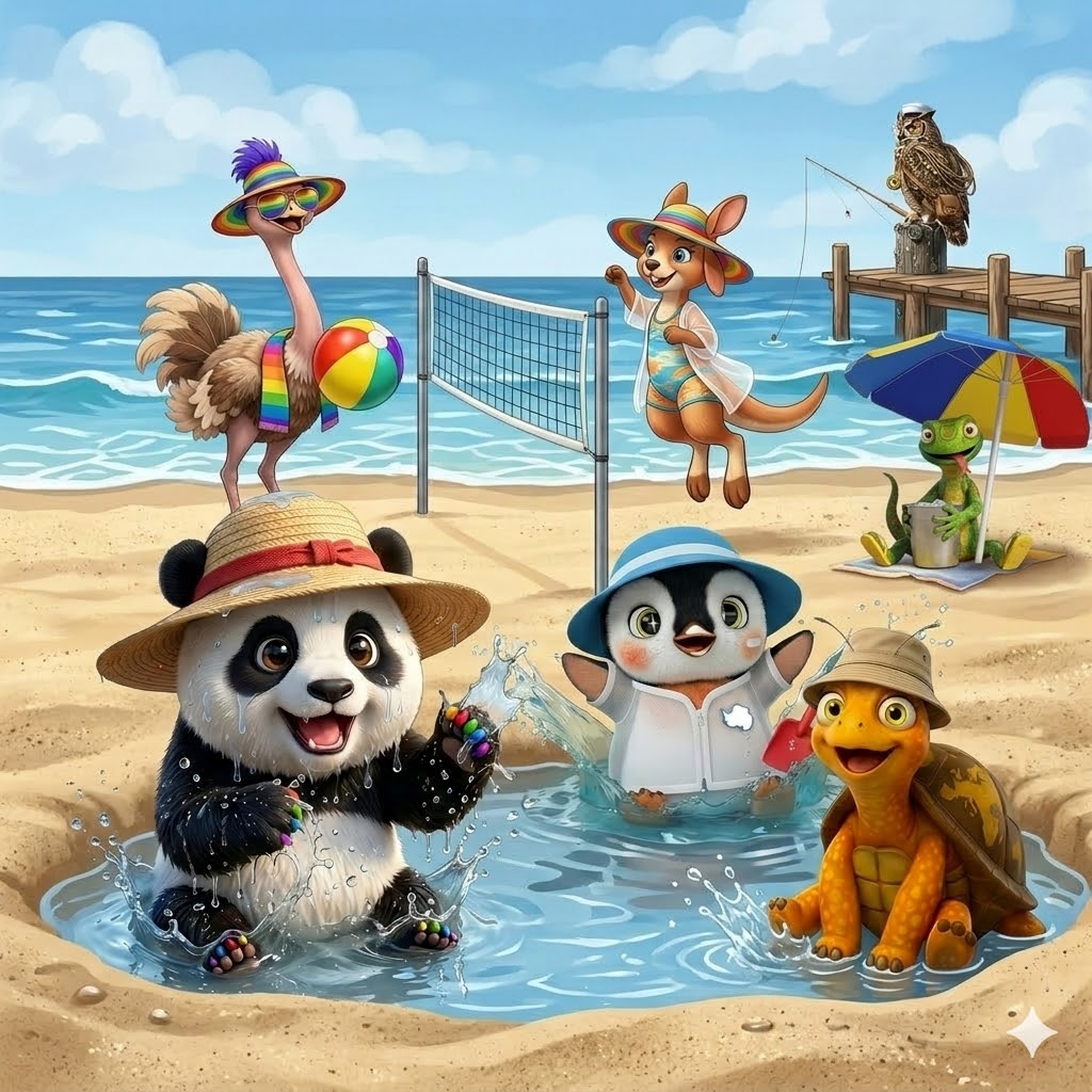 Cartoon image on a beach of an ostrich and kangaroo playing with a beach ball, an owl fishing from a post, a lizard under a sun umbrella, and a bear, penguin and turtle playing in a puddle.
