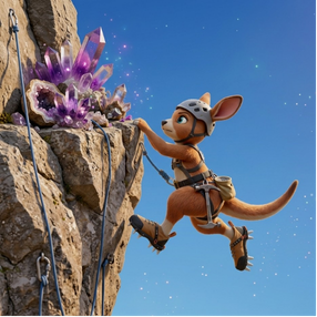 Cartoon image of a kangaroo rock climbing up a cliff to reach sparkling purple crystal rocks.