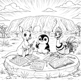 Coloring book page of a kangaroo, penguin and ostrich sitting on a boulder coloring and playing tic-tac-toe with Australia's Uluru in the background.