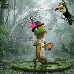 Cartoon image of Madykazoos IZ, the colorful lizard, wearing a red bowler hat is painting a toucan bird perched in a tree 