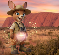 Cartoon image of ROO, the kangaroo wearing hiking clothes and boots, standing in front of a view of Uluru in Australia.