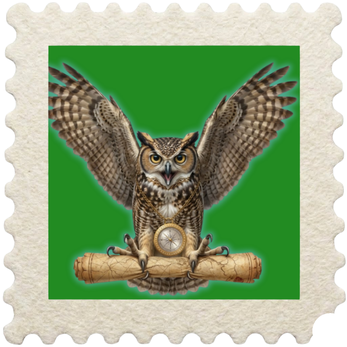 رسمة رقمية ثلاثية الأبعاد واقعية لـ «أول» (OWL)، وهي بومة بنية اللون تم تصويرها وهي تحلق في الهواء في وضع هبوط ديناميكي، على خلفية خضراء ترابية تمثل موطنها الأصلي في أمريكا الشمالية. تظهر البومة بأجنحة ممدودة استعدادًا للهبوط، وعينين كبيرتين معبرتين باللون الأصفر والأخضر، ومنقار مفتوح. وتمسك بشدة بين مخالبها خريطة قديمة ملفوفة تُشير إلى كنوز مخبأة في أماكن بعيدة. وتتأرجح بوصلة غامضة بشكل مثير من سلسلة ذهبية مربوطة بجسدها.