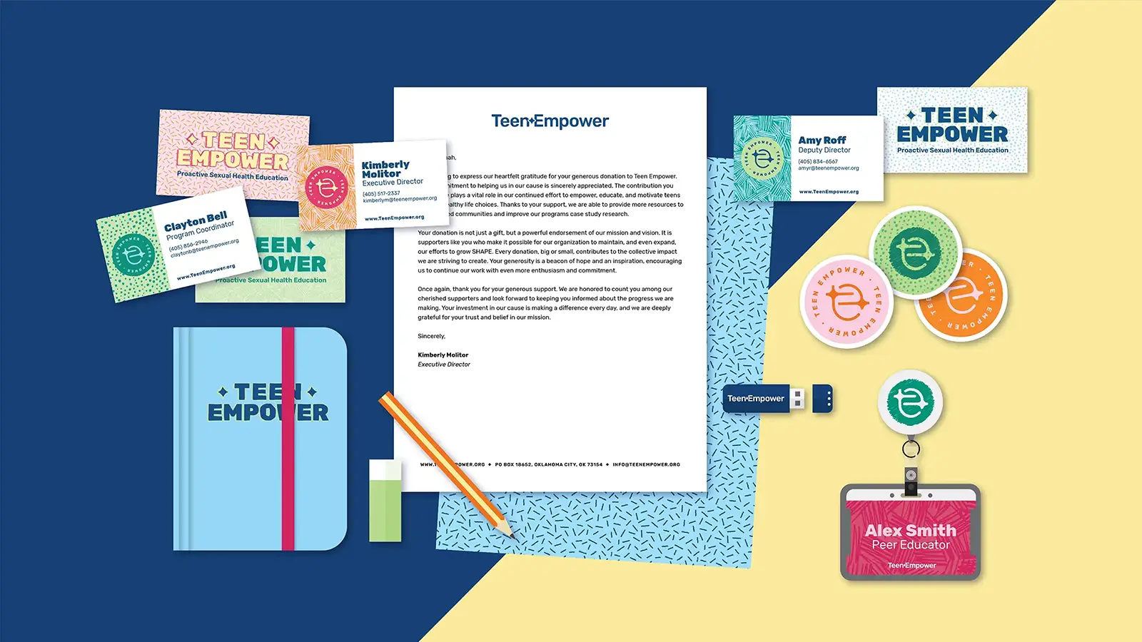 Business papers set for Teen Empower. The brand is bright and very colorful with a playful application of patterns that are hand-drawn sketches.