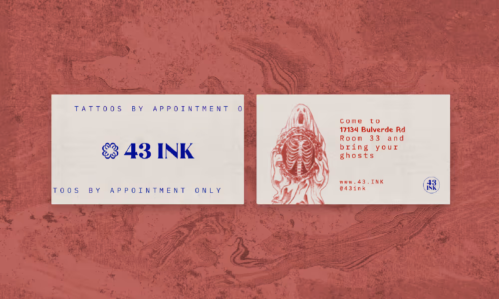 Two business cards, side by side. The first one reads "43 Ink, Tattoos by appointment only". The second one has an illustration of a ghost opening his chest cavity to reveal a skeleton beneath. It reads "Come to 17134 Bulverde Rd Room 33 and bring your ghosts. www.43.ink @43ink"