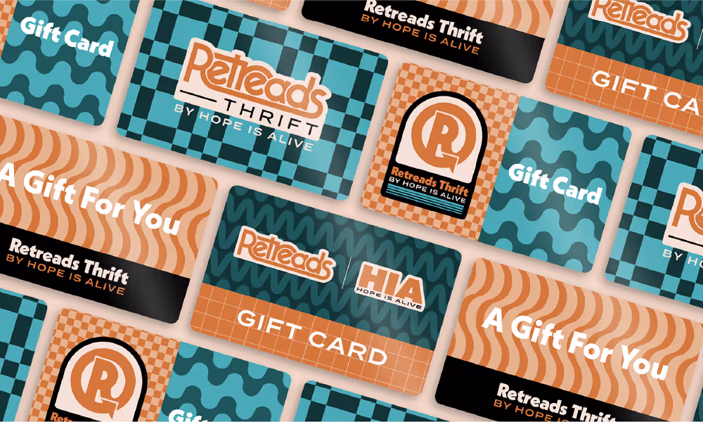 Gift card designs for Retreads Thrift Store by Hope is Alive. These are boldly designed with funky 70's patterns in a high contrast orange + teal color palette. Pops of black and white create contrast for text and brand elements.