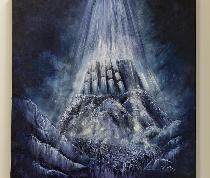 Painting of large hands holding a crowd of people with beams of light shining down from above.