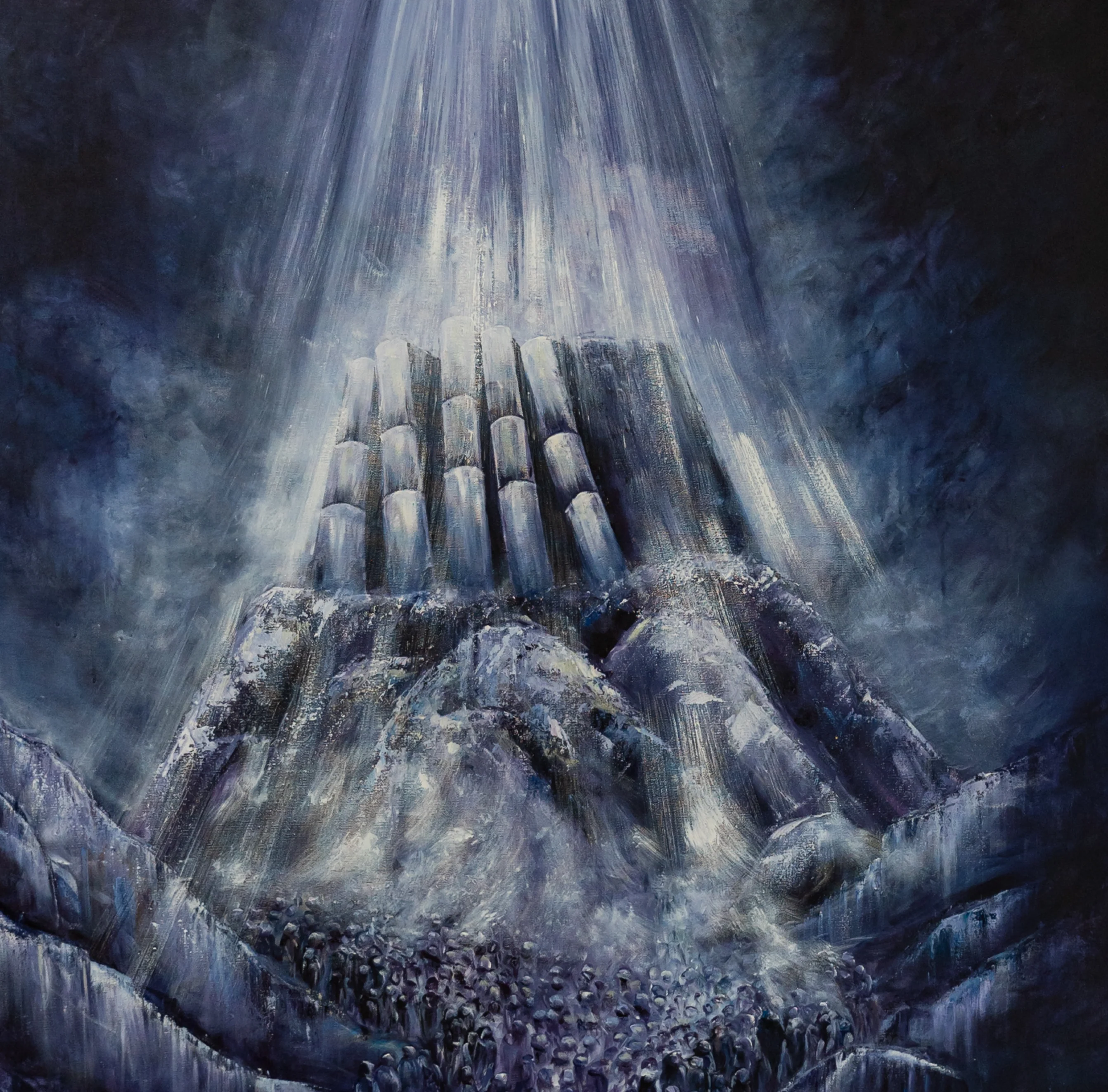 Surreal painting of large hands emerging from mountains with light beams shining down on them, surrounded by a crowd.