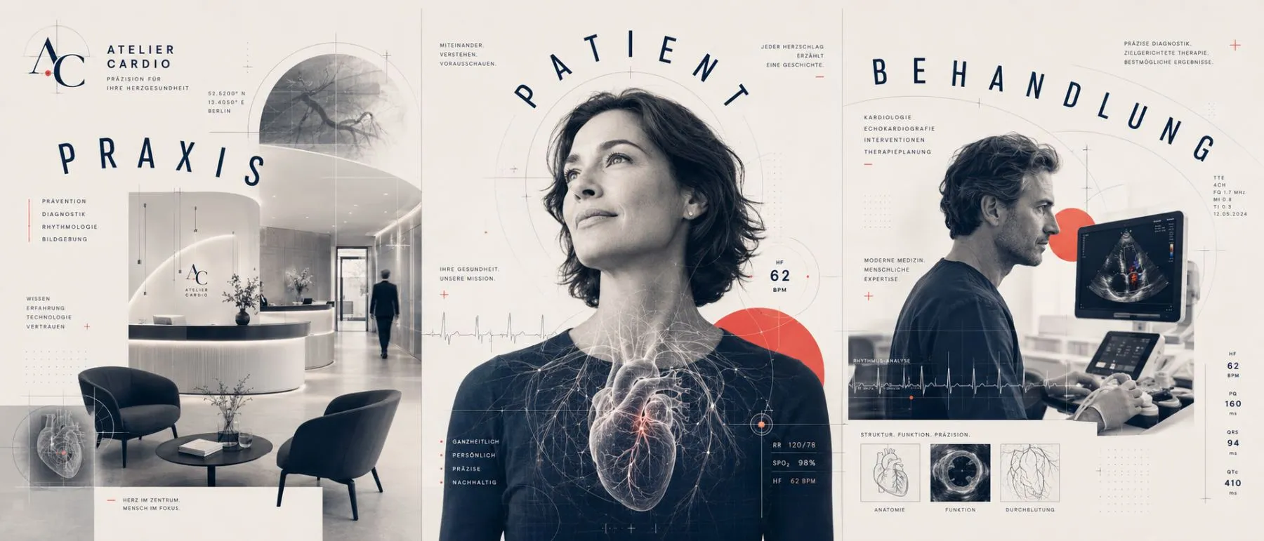 Atelier Cardio · Praxis, Patient, Behandlung: Editorial-Collage der kardiologischen Facharztpraxis