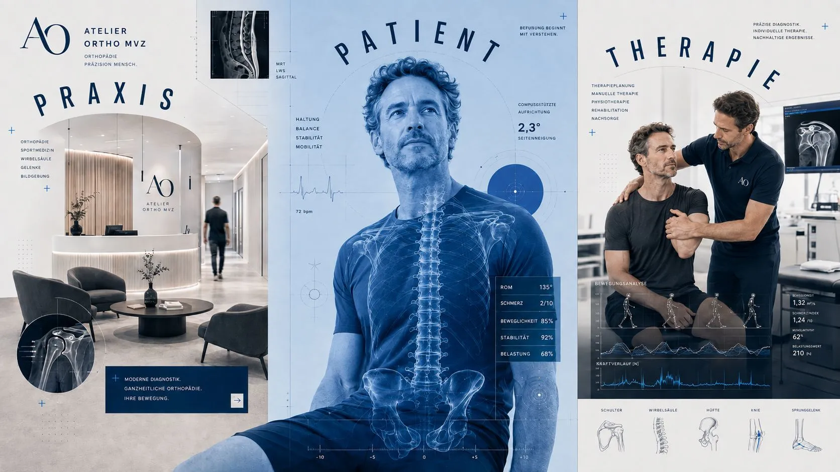 Atelier Ortho MVZ · Praxis, Patient, Therapie: Editorial-Collage der Orthopädie-Konzeptstudie