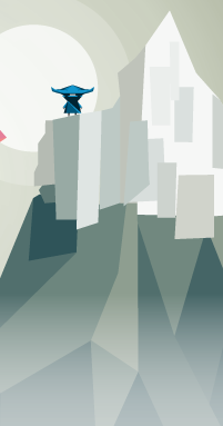 Minimalist low-poly styled illustration of a man in blue with a large blue hat standing on a cliff edge with large abstract mountains and a sun in the background.