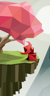 Japenese-inpired design of a low-poly styled red dressed girl sitting on the edge of a cliff under a tree with pink foliage with a large white sun in the background.
