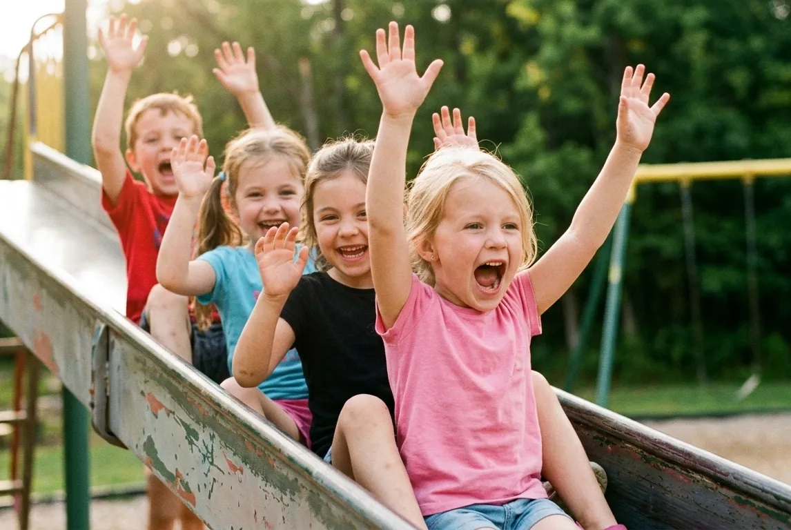 Four happy children riding down a playground slide with their hands raised in excitement.