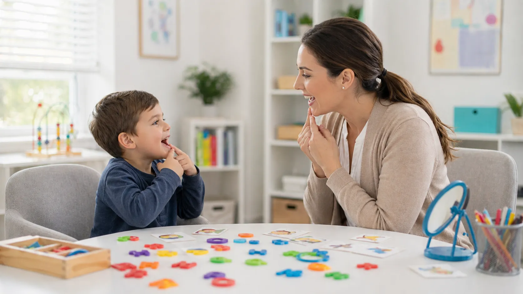 Young boy and woman practicing speech sounds using finger placement in a bright learning room.