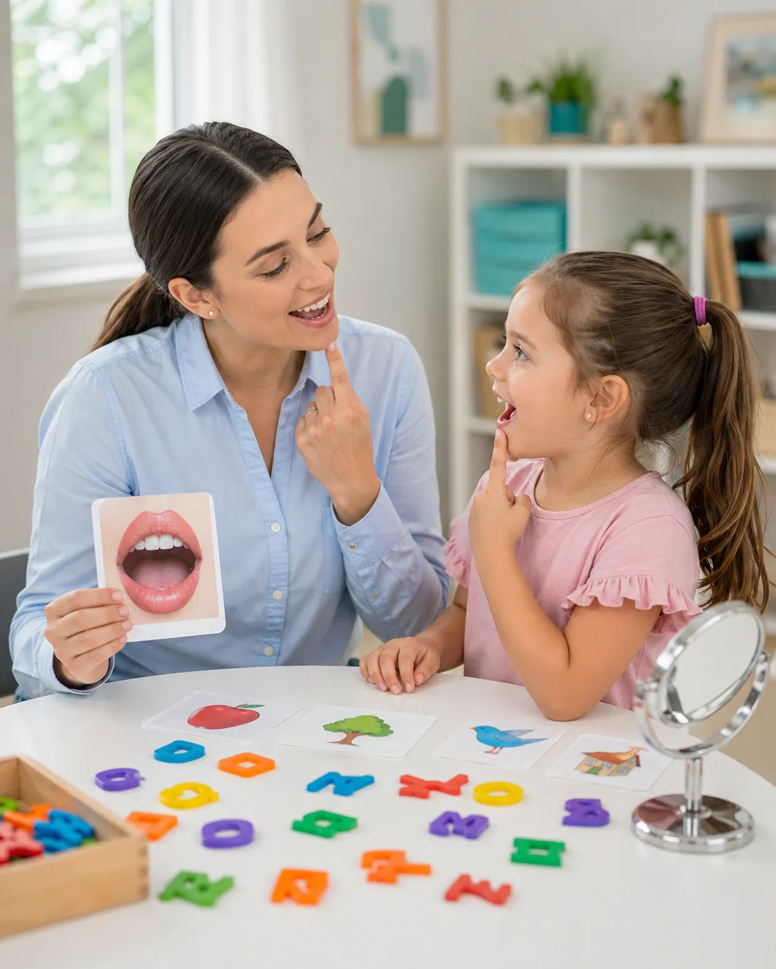 Woman teaching a girl speech sounds using picture and letter cards at a table with a mirror.