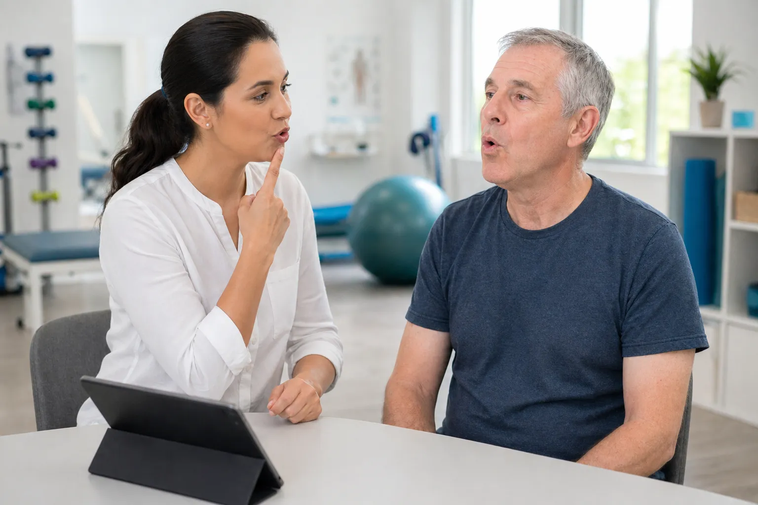 Therapist guiding elderly man in speech exercises during a therapy session in a clinic.