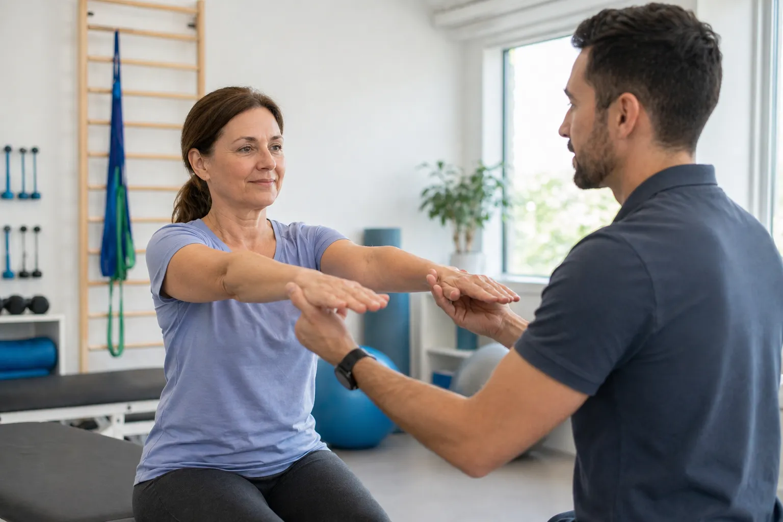 Physical therapist guiding adult patient through upper body rehabilitation exercises during outpatient physical therapy session
