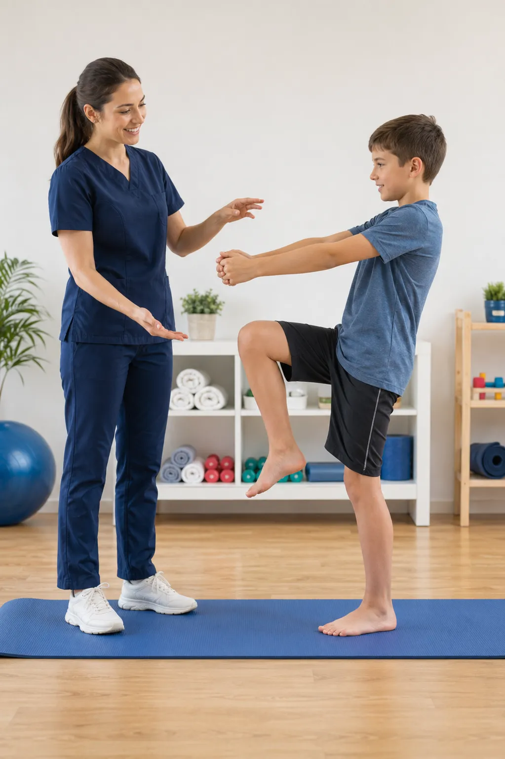 Female therapist guides young boy doing a balancing exercise on a blue yoga mat indoors.