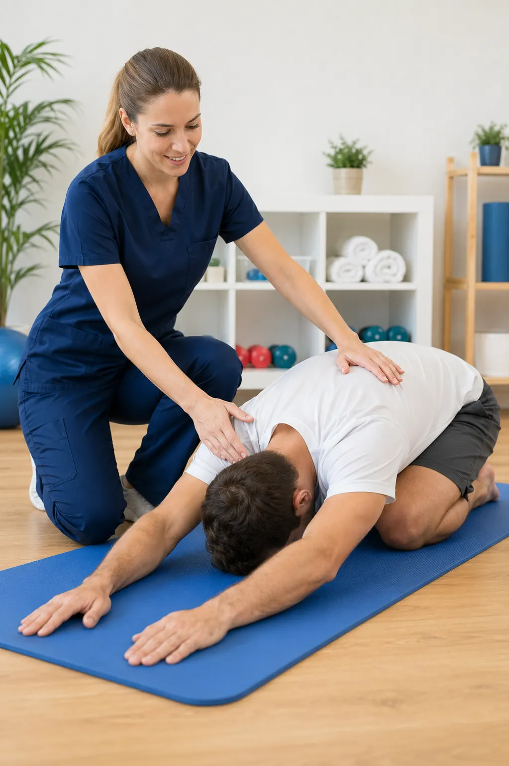 Physical therapist guiding man performing child’s pose stretch on blue exercise mat.