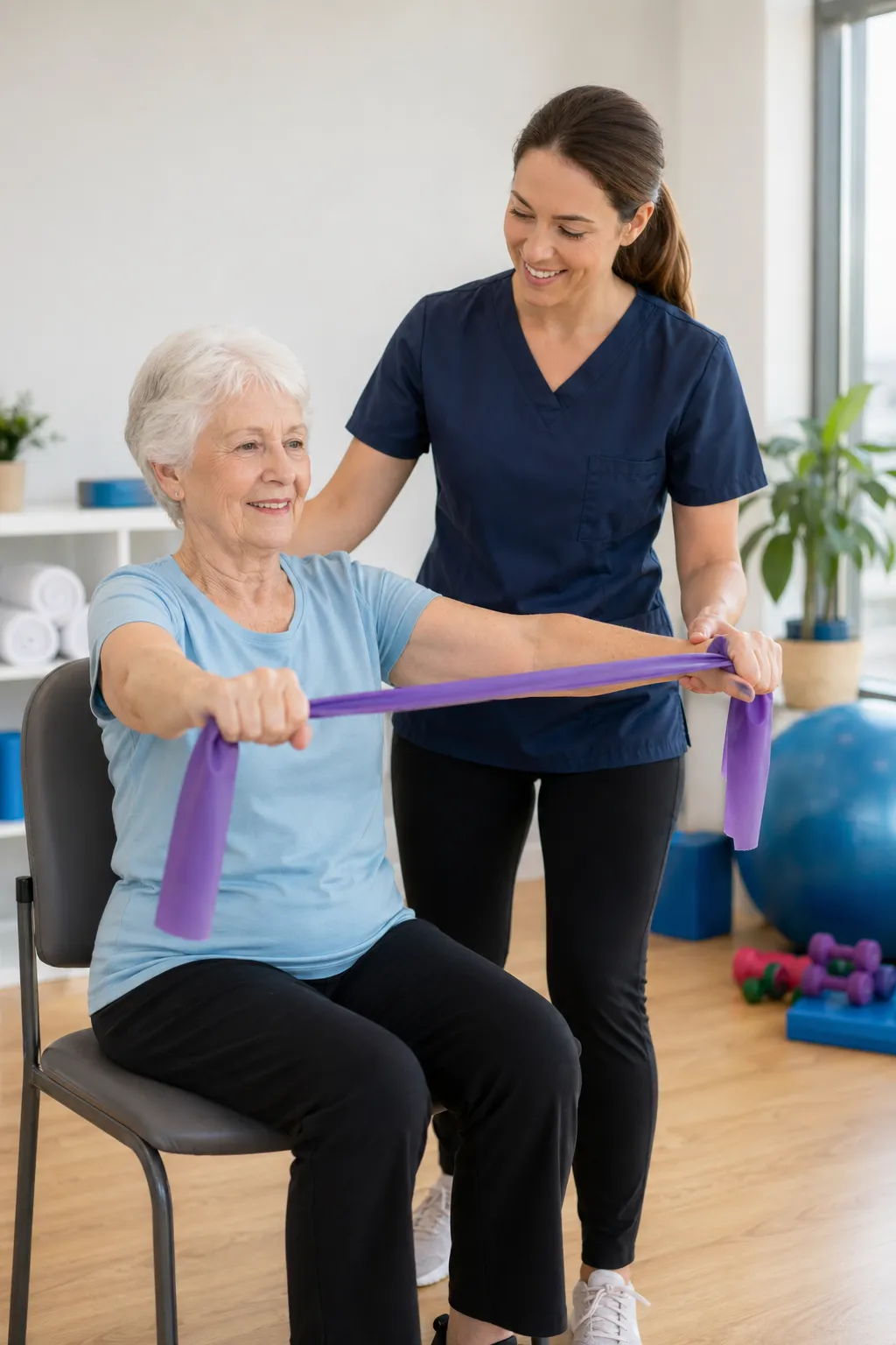 Senior woman exercising with resistance band seated, guided by smiling female physical therapist.