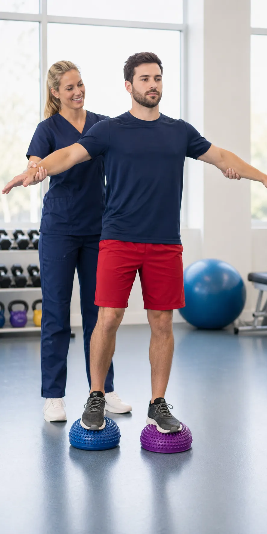 Therapist assists man balancing on spiked balance pods with arms extended in a gym.