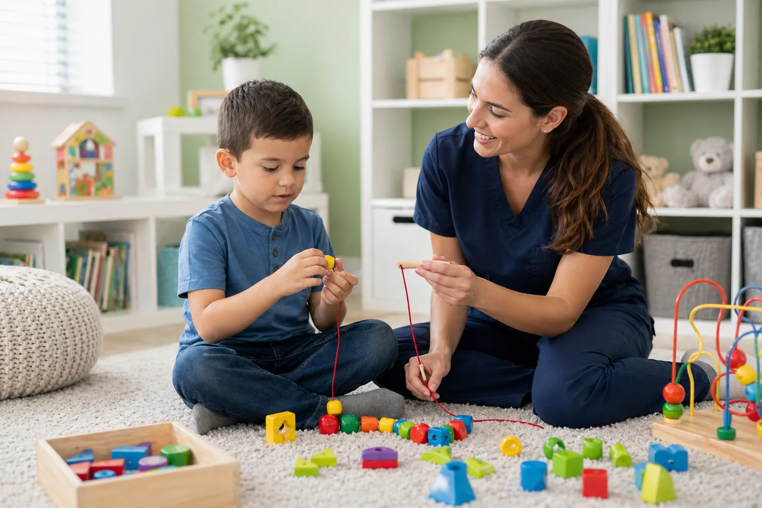 Woman and boy sitting on carpet playing with colorful string beads and wooden toys in a bright room.