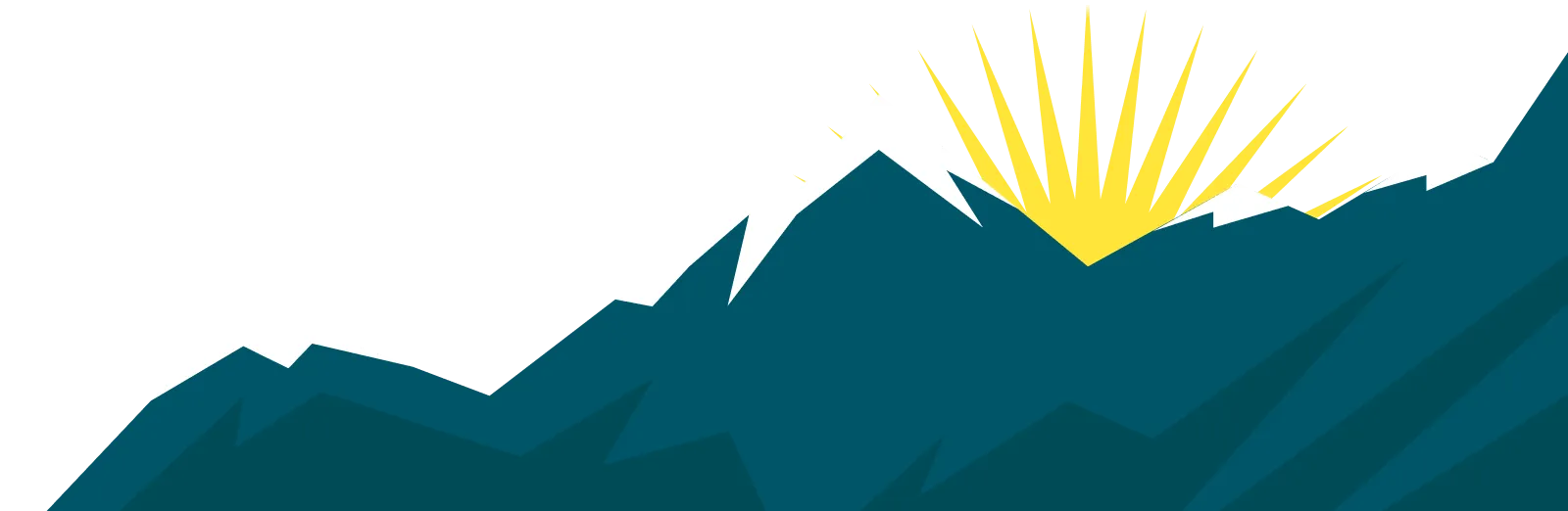 Stylized illustration of a sun rising behind dark blue mountains with snow-capped peaks.