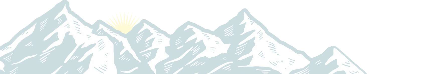 Illustration of snow-capped mountains with a yellow sun peeking from behind one peak.