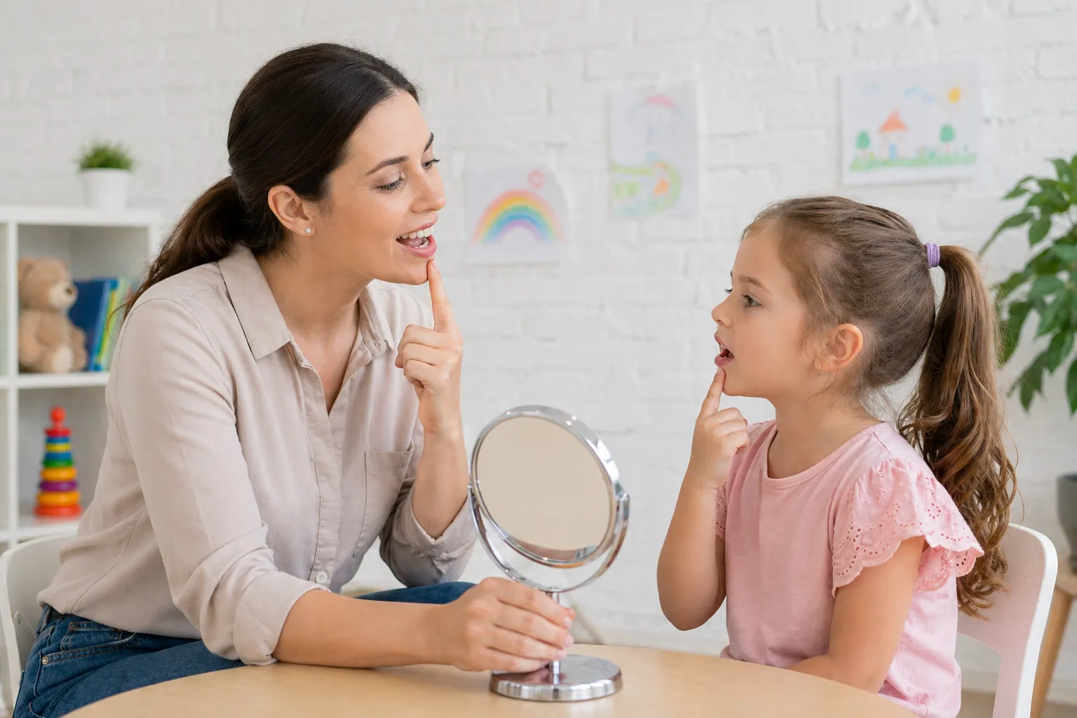 Speech therapist helping child practice articulation and pronunciation during pediatric speech therapy session at rehabilitation clinic