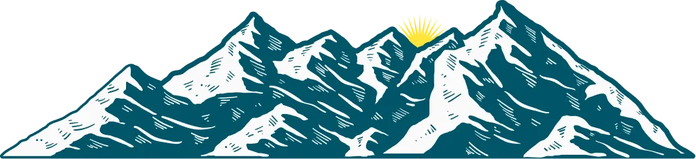Illustration of blue and white snow-capped mountain peaks with a yellow sun rising behind.