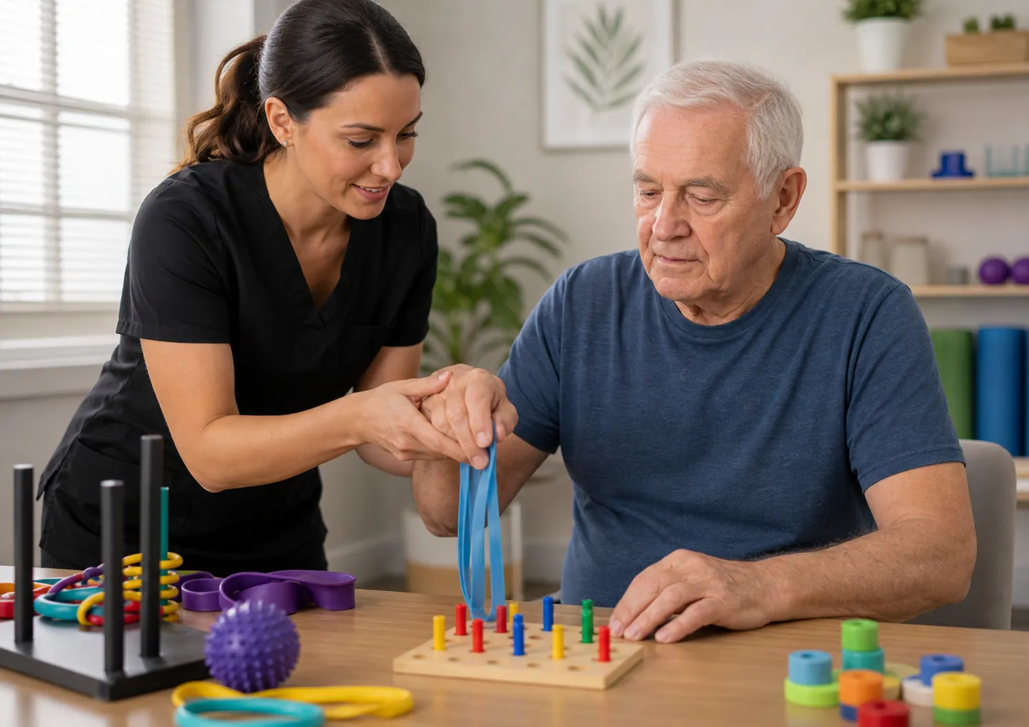 Therapist assists elderly man with hand exercise using a pegboard and rubber bands.