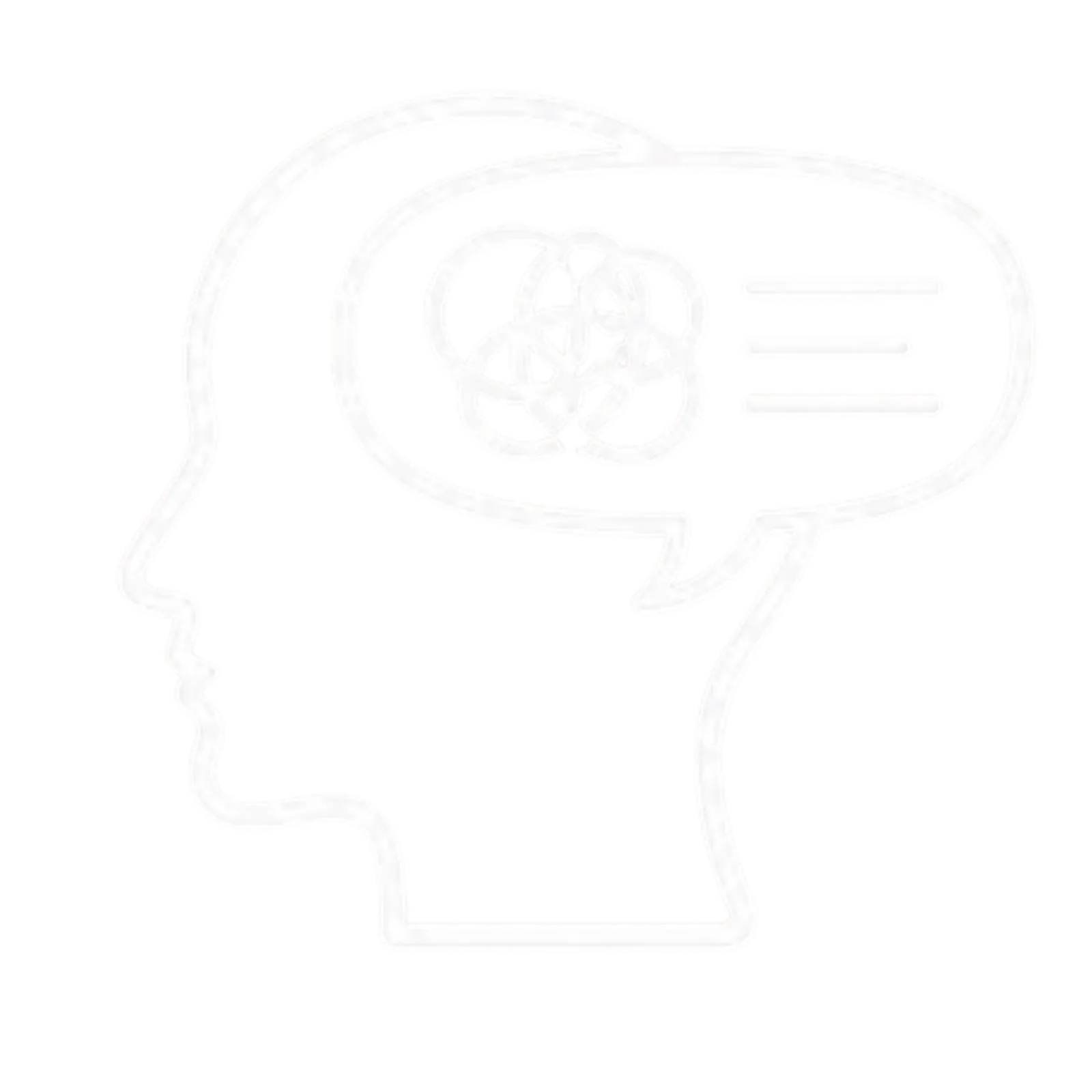 Outline of a human head with a speech bubble containing a tangled scribble and lines representing confused speech.