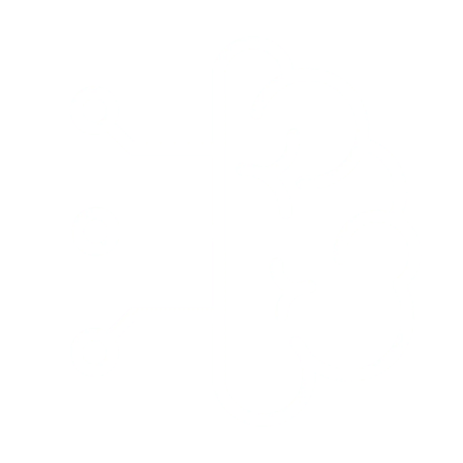 White outline icon of a brain connected to three circuit lines on a transparent background.