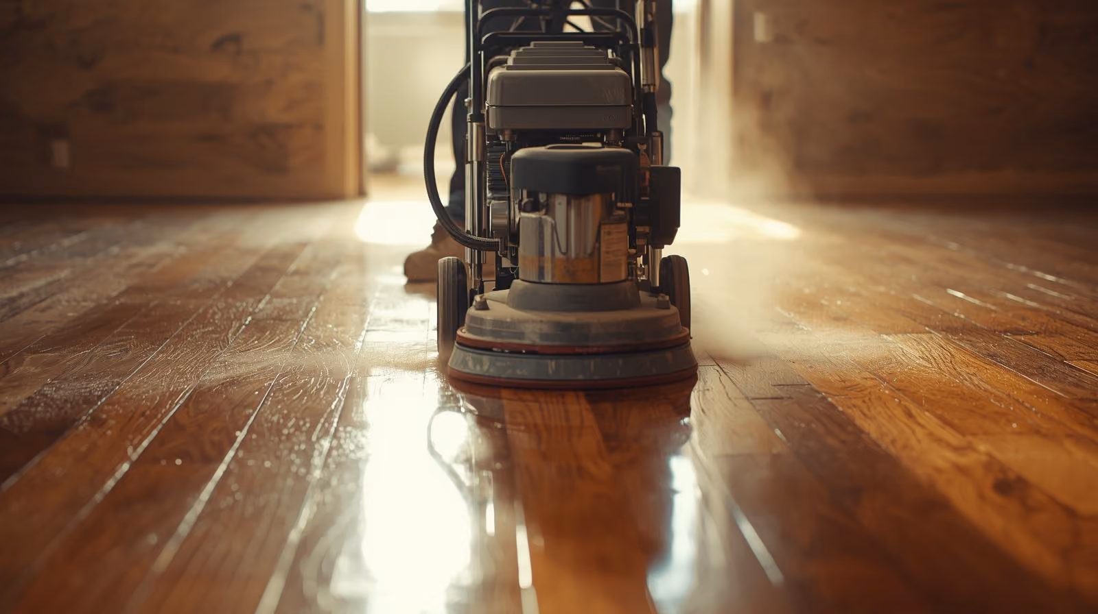 Floor polishing machine buffing shiny hardwood floor in a softly lit room.