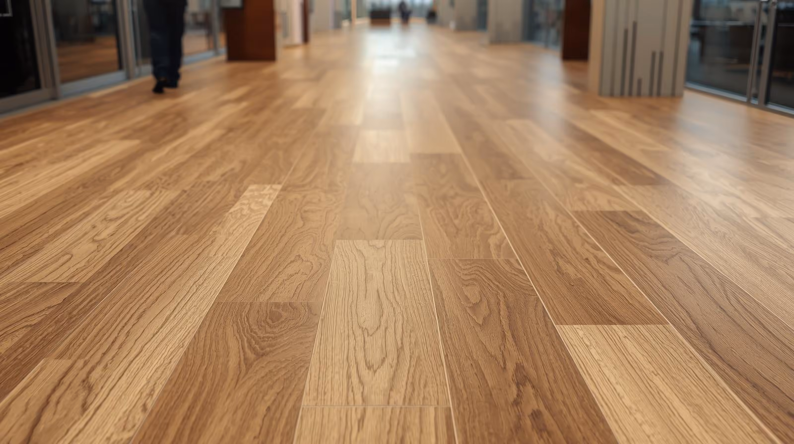 Light and medium-toned hardwood flooring in a commercial office hallway with glass walls.