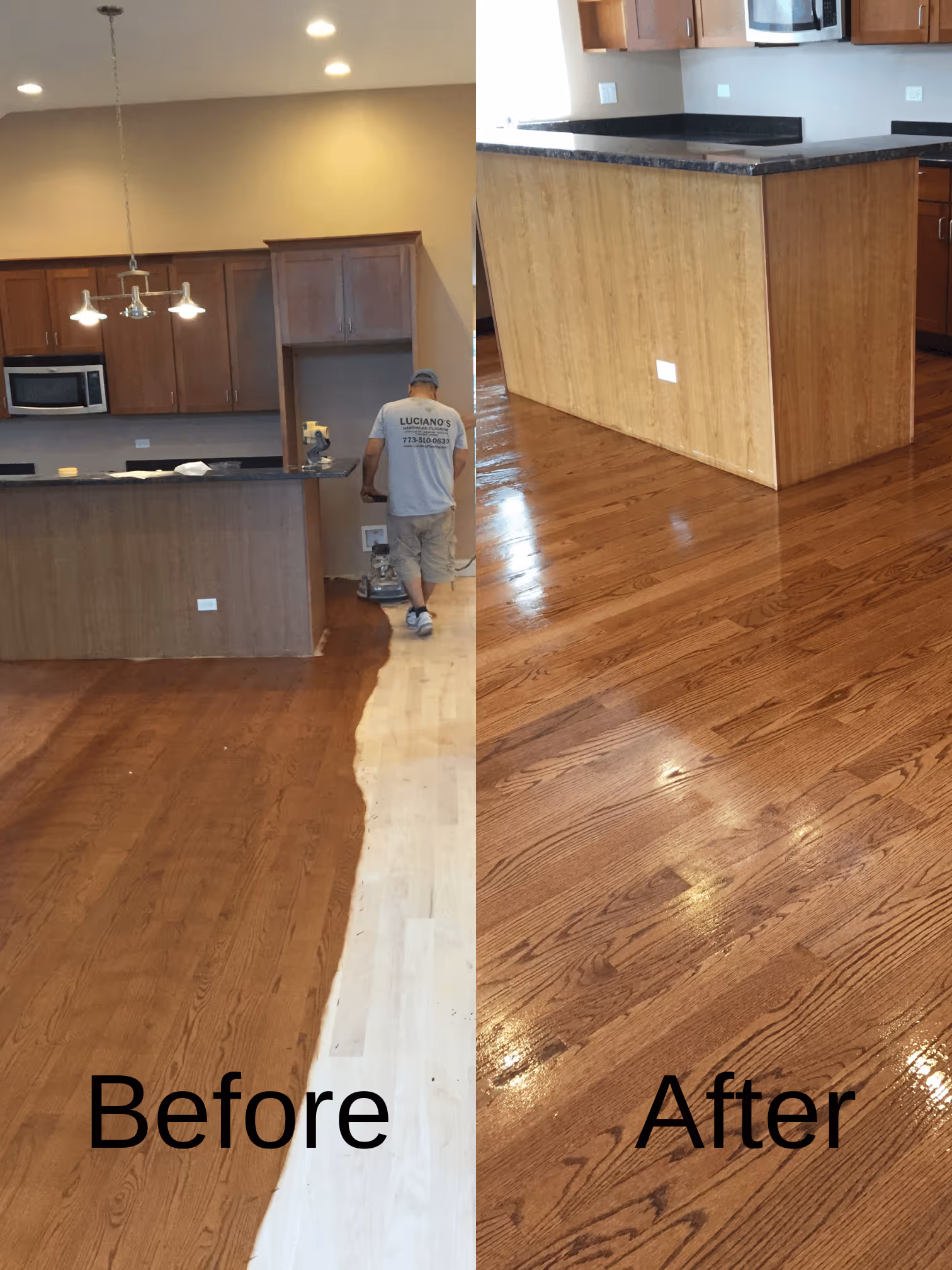 Side-by-side kitchen floor before and after sanding and refinishing with the worker polishing the floor.