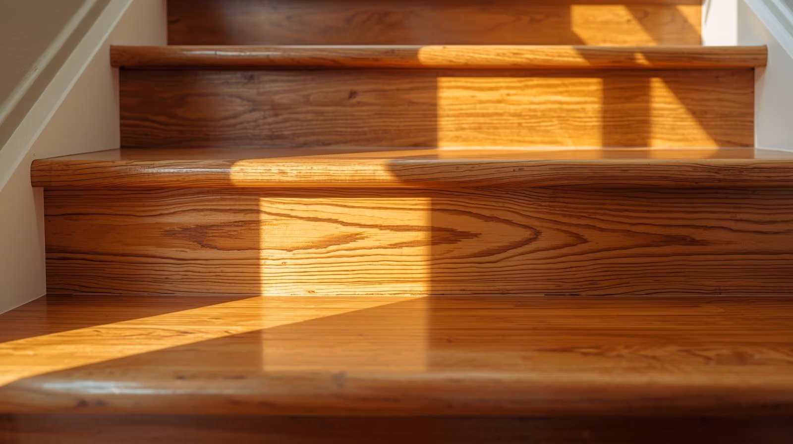 Sunlight casting rectangular shadows on polished hardwood stairs with visible wood grain.