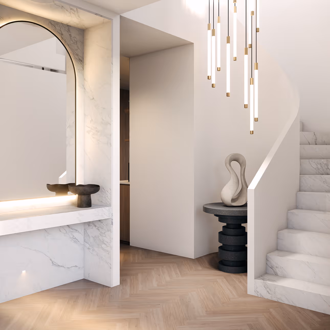Row of modern two-story townhouses with garages, large windows, trees, and green lawn in front under a blue sky.