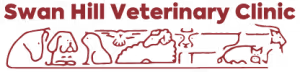 Logo for Swan Hill Veterinary Clinic featuring outlined animal icons including a dog, cat, bird, rabbit, and a horse in red text and graphics.