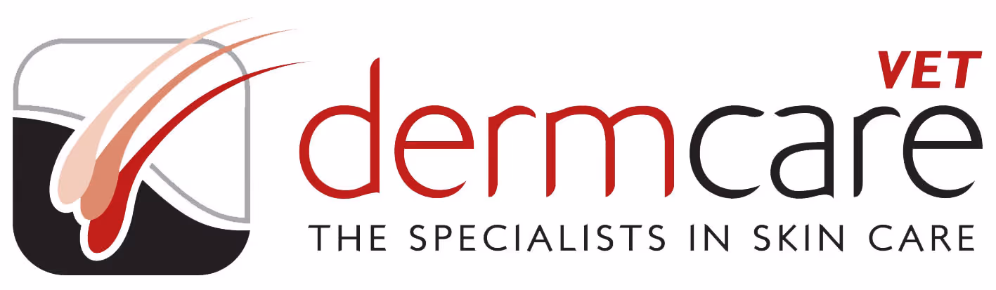 Dermcare Vet logo with stylized hair follicles icon and tagline The Specialists in Skin Care.