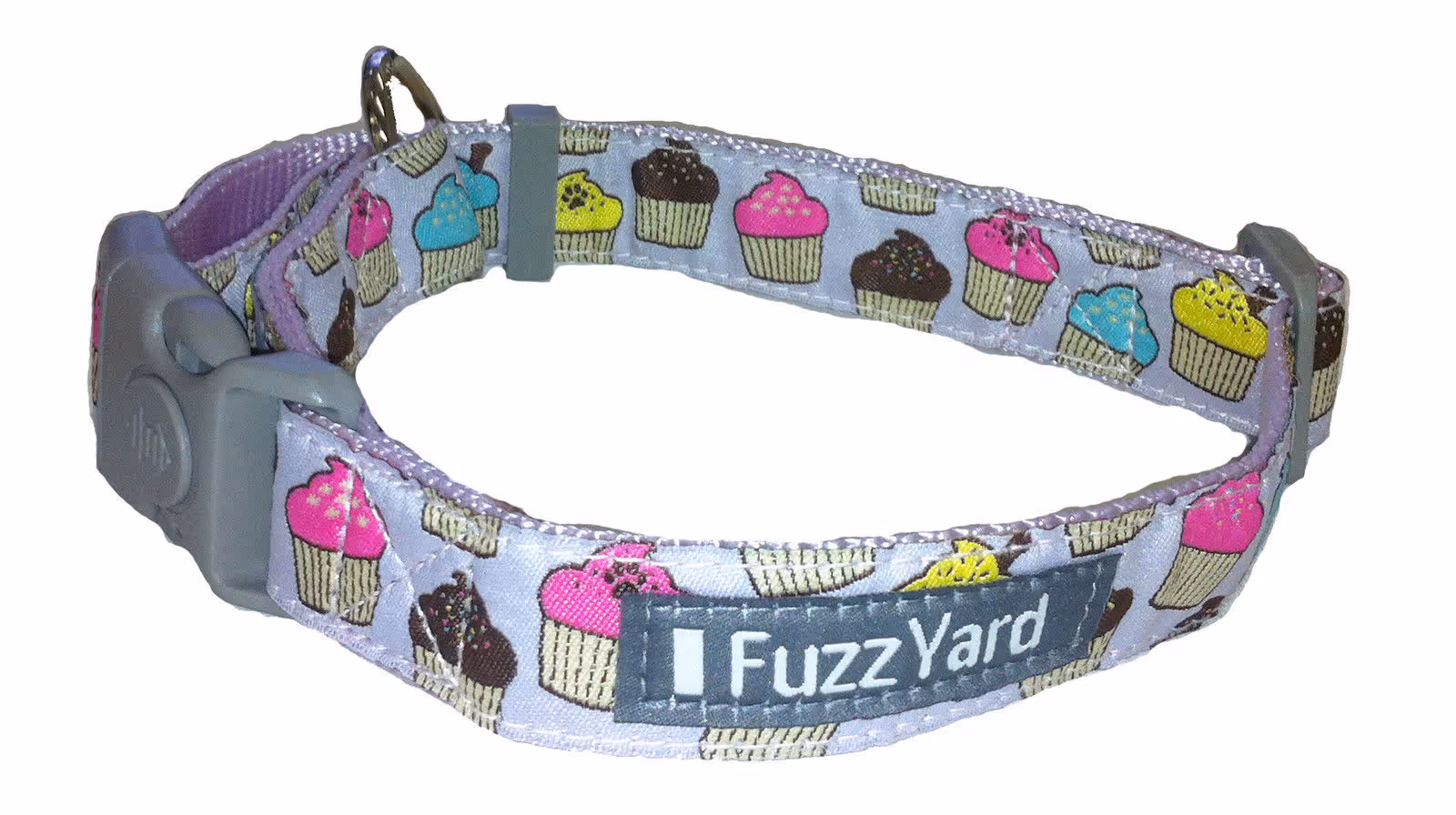 Adjustable pet collar with cupcake pattern and FuzzYard brand label.