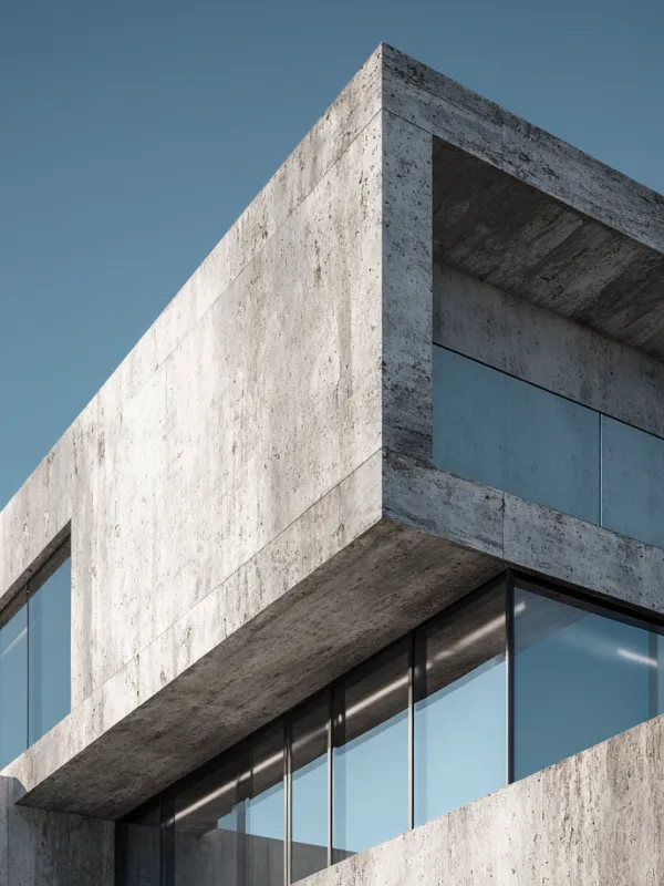 Modern building corner with concrete exterior and large reflective glass windows under blue sky.
