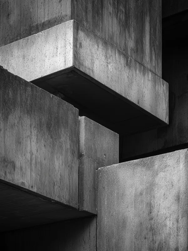 Close-up of overlapping concrete architectural blocks with textured surfaces in black and white.
