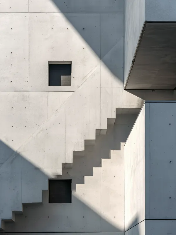 Minimalist concrete building facade with geometric stairs casting sharp shadows and two small square windows.