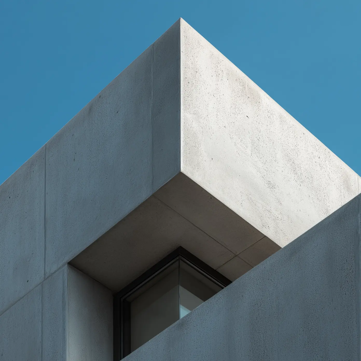 Modern building corner with concrete walls and a glass window under a clear blue sky.