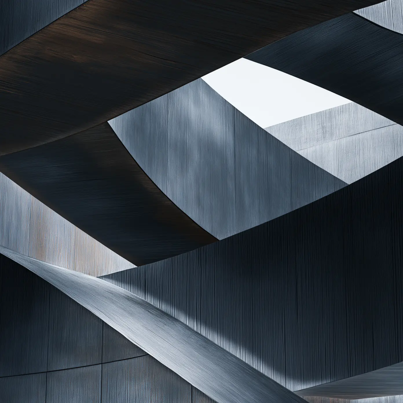 Abstract architectural structure with overlapping dark metal panels and a square sky opening.