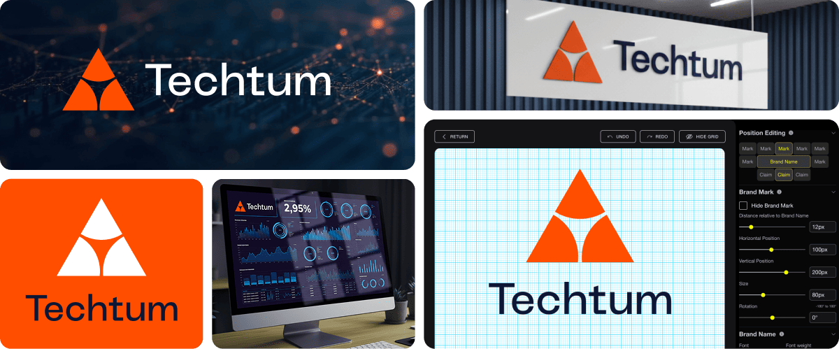 Collage showing Techstum logo on dark background, building sign, computer screen, color palette, and font samples.