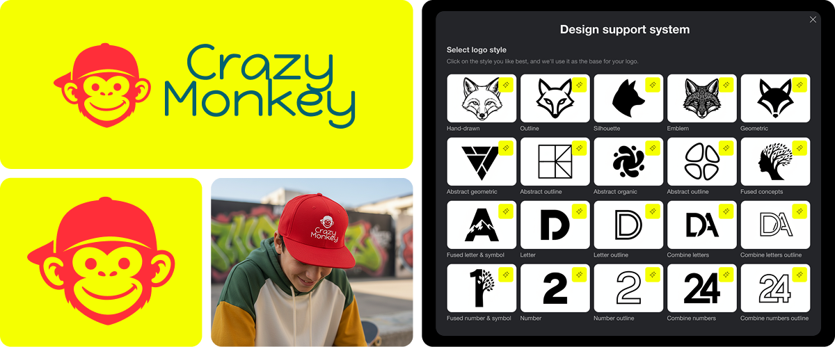 Crazy Monkey brand visuals include logo, color palette, font, and a skateboarder wearing a red Crazy Monkey cap.
