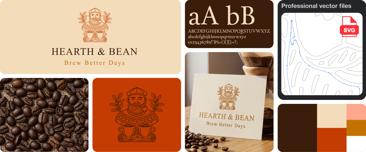 Hearth & Bean coffee brand identity created with BRANDFY, including logo, typography, color palette, business card and professional SVG vector files